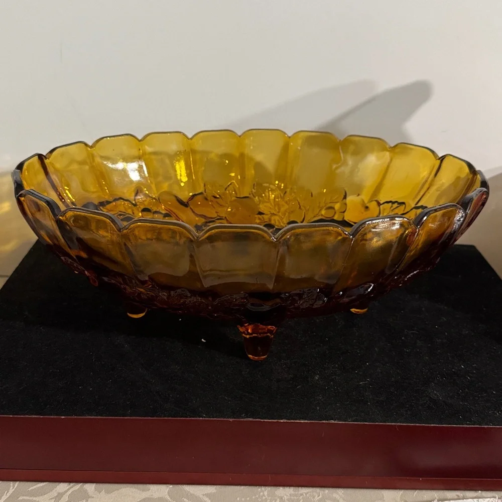 Vintage Indiana Glass Amber Carnival Glass Footed Fruit Bowl, Harvest Grape - Picture 1 of 8